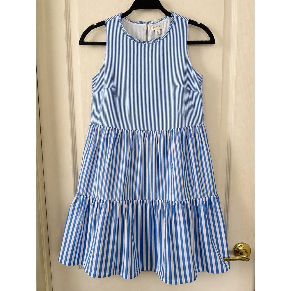 J. Crew Womens Size 0 Blue White Striped Cotton Tiered Sleeveless Mini Dress